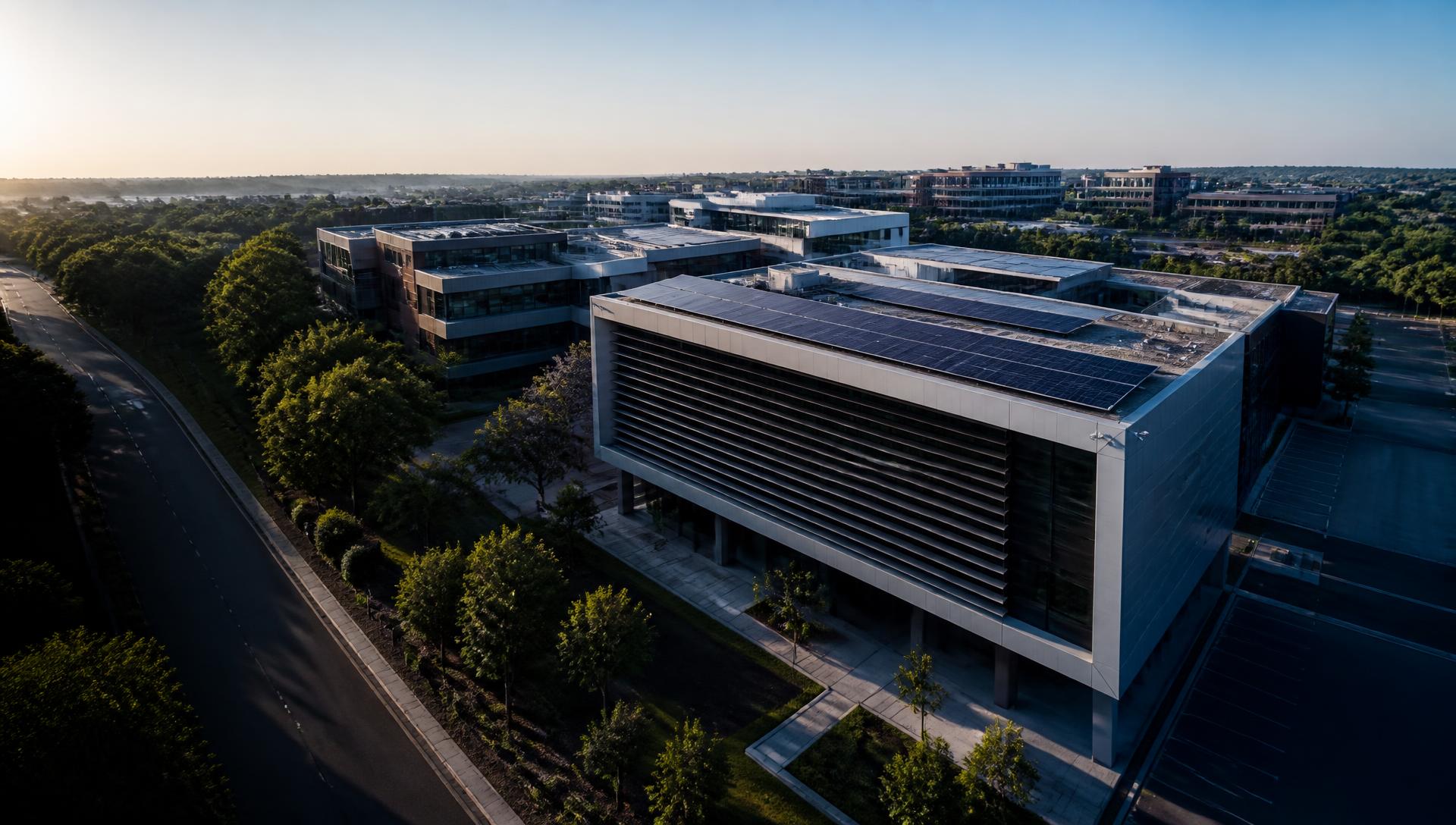 Modern commercial property with a rooftop solar installation