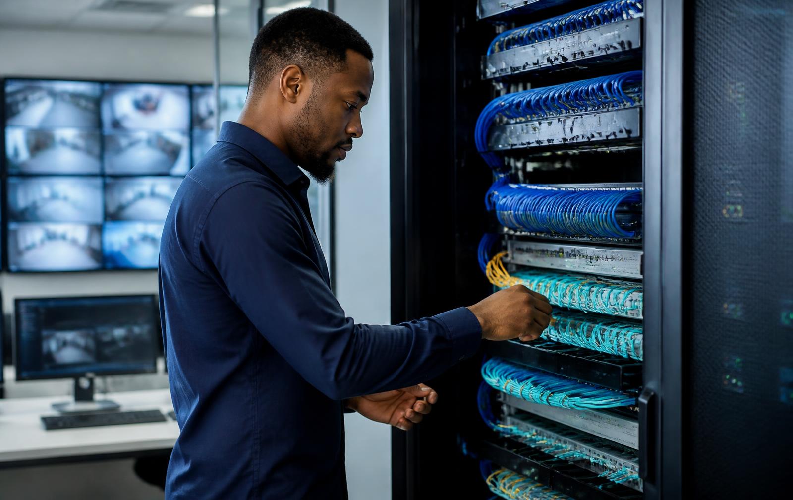 IT technician working on structured network cabling in a server rack, with CCTV monitoring screens in the background